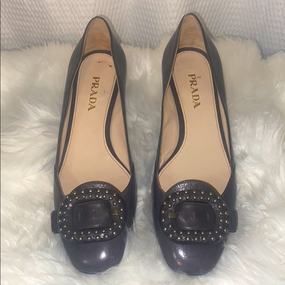 Prada Grey Leather Low Heel w Square Toe & Buckle